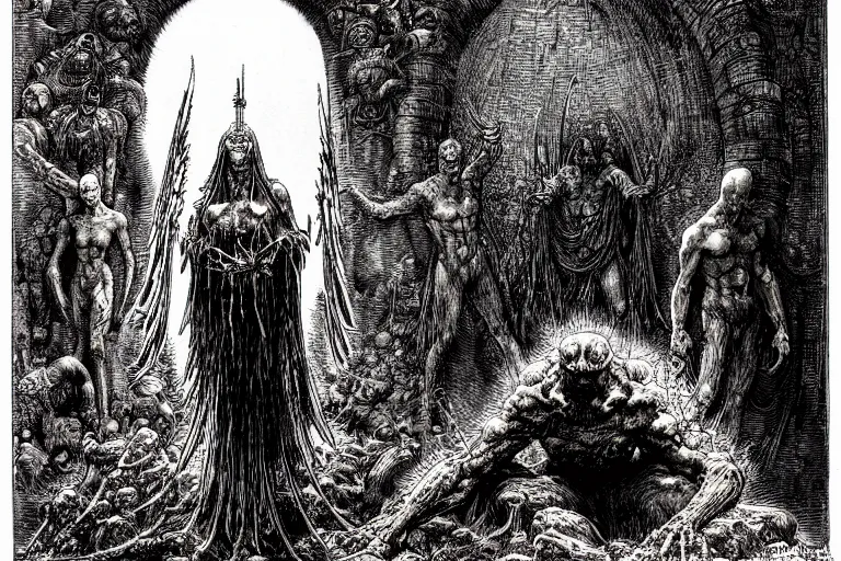 Image similar to fallen angel begs to enter the gates of hell by philippe druillet and gustave dore and les edwards and much a and moebius and hieronymus bosch