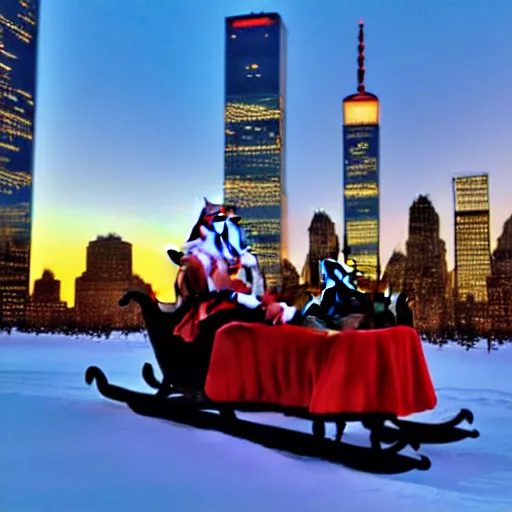 Prompt: santa claus in a sleigh with reindeers in front of world trade center's 5 0 th floor with a beautiful sunset in the background