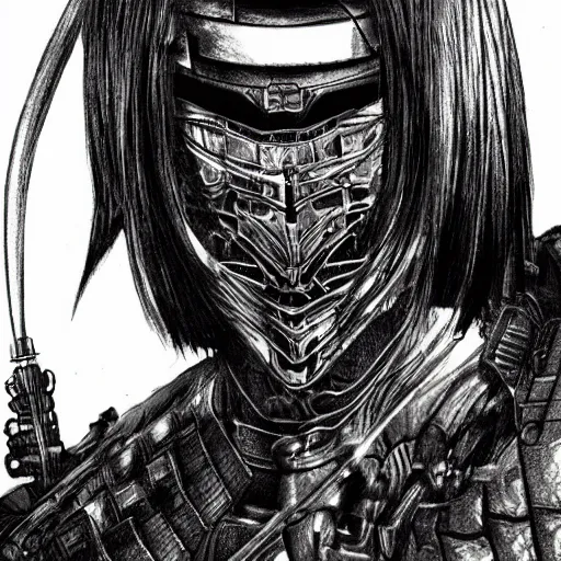 Prompt: japanese futuristic warrior with many scars, high detail, hyperdetailed, hard ink, no pencils, drawing