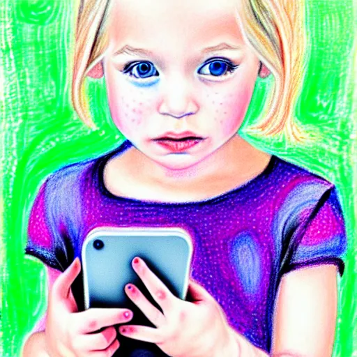 Image similar to 4 year old blonde girl with iphone colored pencil on white background by eloise wilkin