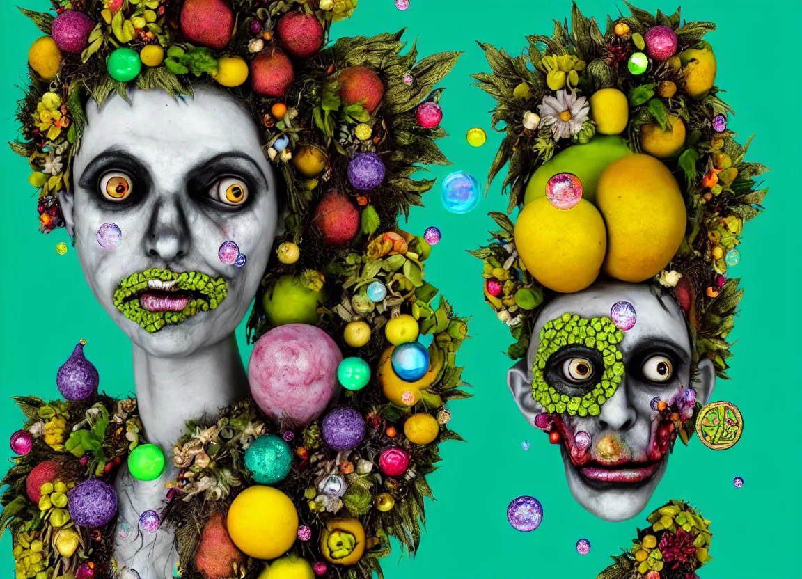 Prompt: headshot of a trickster fairy, nature zombie, head made of fruit and flowers in the style of arcimboldo, covered with gems and bubbles, fantastical, digital illustration, dynamic lighting, action figure, clay sculpture, claymation, turquoise black and yellow, rainbow stripe backdrop