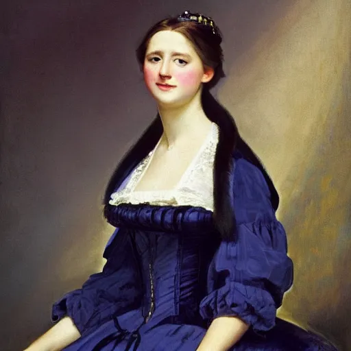 Prompt: full body portrait of a young german princess standing by a chair by Franz Xaver Winterhalter and Andreas Herman Hunæus painted in the 1900s, romanticism, vivid, fancy, beautiful, rococo, coherent