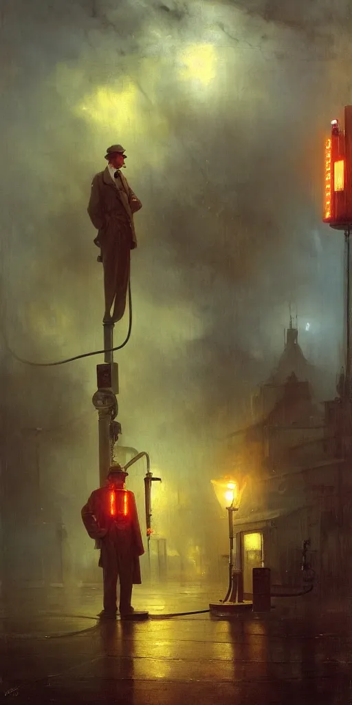 Image similar to a gas station in 1 9 4 0 with yellow and red light in the middle of the night, a men stand up next to the pump, mystical blue fog, oil on canvas, art by andreas achenbach, clemens ascher, tom bagshaw and sabbas apterus,