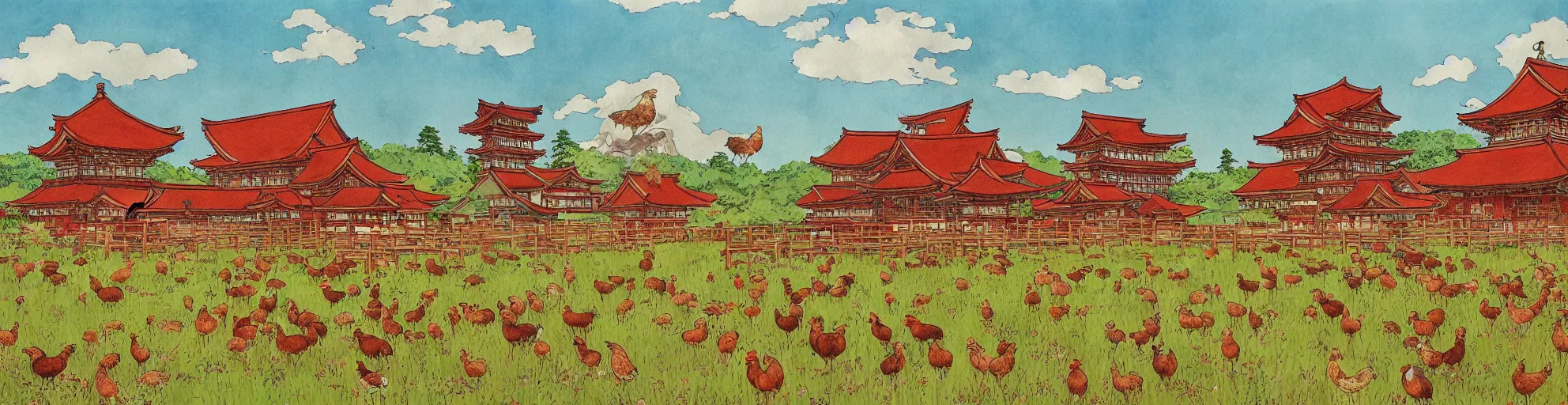 Image similar to big red and brown japanese fort in a meadow with chickens by studio ghibli painting