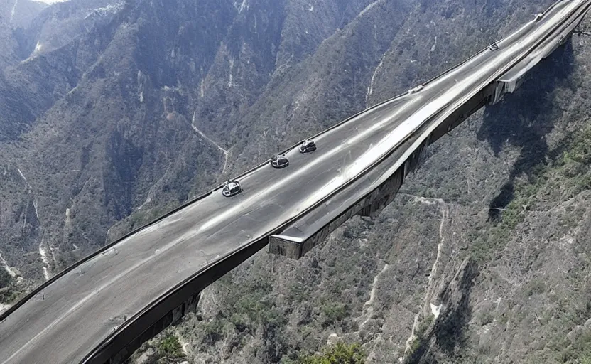 Image similar to valley made of reflective metal, single futuristic car driving on elevated highway
