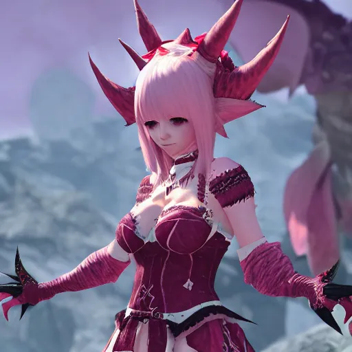 Prompt: A cute woman with horns, patches of scales, and a spiked tail, Au Ra, Final Fantasy XIV, pink clothing, ingame screenshot, friendly