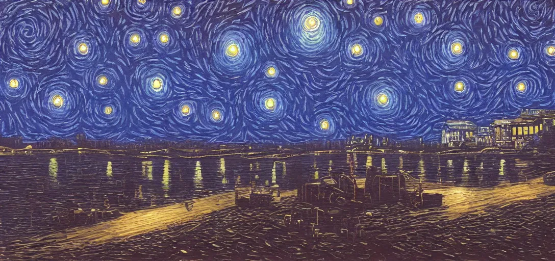 Prompt: Starry Night in a city, painting by Simon Stalenhag