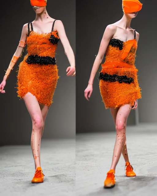 Prompt: multi panel storyboard of olivia wearing an outfit made of orange peels, runway model at new york fashion week, sporty physique, black hair, freckles, pale skin, multiple angles, photo by greg rutkowski, stage lighting, soft colors, female beauty, intricate detail, elegance, 3 5 mm, depth of field, masterpiece