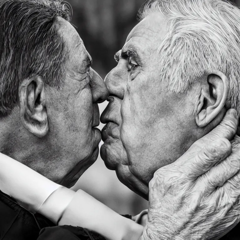 Prompt: milos zeman kissing andrej babis, highly detailed, smooth, sharp focus, portrait, concept art, intricate details, fantasy poster, dark athmosphere, 8 k. lifelike. nikon d 8 5 0