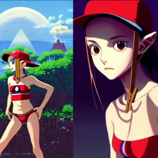 Image similar to beautiful boyish natalie portman gravure model in majora's mask, wearing wooden mask and baseball cap and leotard, street wear with subtle mayan patterns, aztec bathing suit, gapmoe yandere grimdark, trending on pixiv fanbox, painted by greg rutkowski makoto shinkai takashi takeuchi studio ghibli, akihiko yoshida