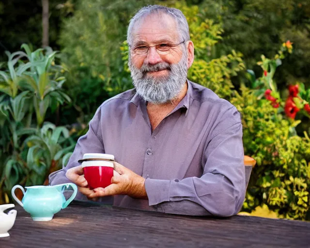 Image similar to mr robert is drinking fresh tea in a garden from spiral mug, detailed face, wearing choker, grey beard, golden hour, red elegant shirt