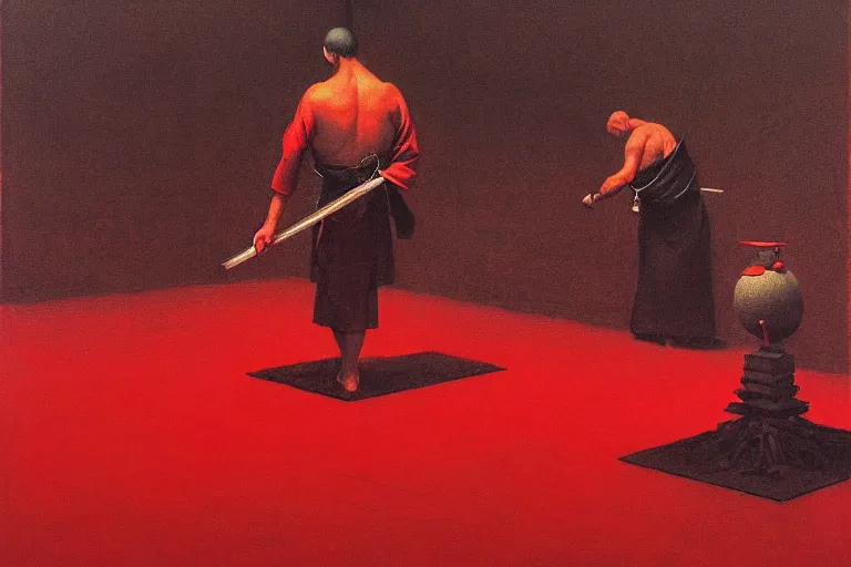 Image similar to only with red, a red samurai do seppuku, tokio, a lot of frogs watch, in the style of beksinski, parts by edward hopper, parts by rodcenko, parts by yue minjun, intricate and epic composition, red by caravaggio, insanely quality, highly detailed, masterpiece, red light, artstation, 4 k