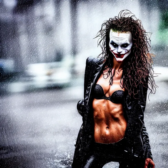 Image similar to fully body pose, photo of a very beautiful!! victoria secret model, the joker, wet hair, raining, 8 k, hdr, smooth, sharp focus, high resolution, award - winning photo, trending on artstation, dslr, 5 0 mm