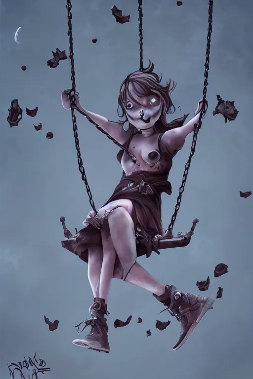 Prompt: undead girl swinging on a swing attached to the moon, highly detailed, artstation,