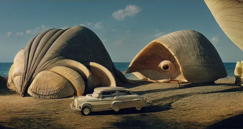 Image similar to a giant seashell house in the middle of nowhere, cinematography by syd mead, gregory crewdson, moebius, j. h. williams iii