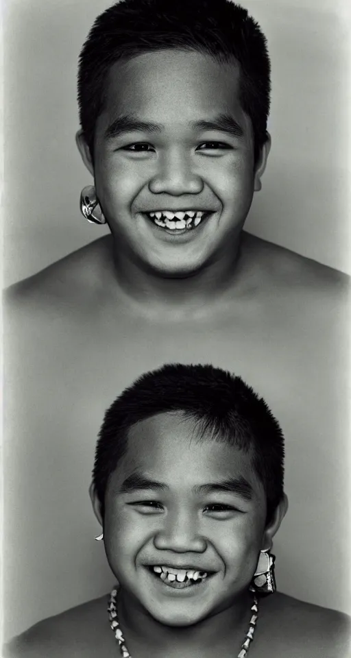 Image similar to close up photograph of a single fat filipino teenage boy smiling with crooked teeth, with a curly perm, and with small studded earings, 4 k, photorealistic, high detail by richard avedon