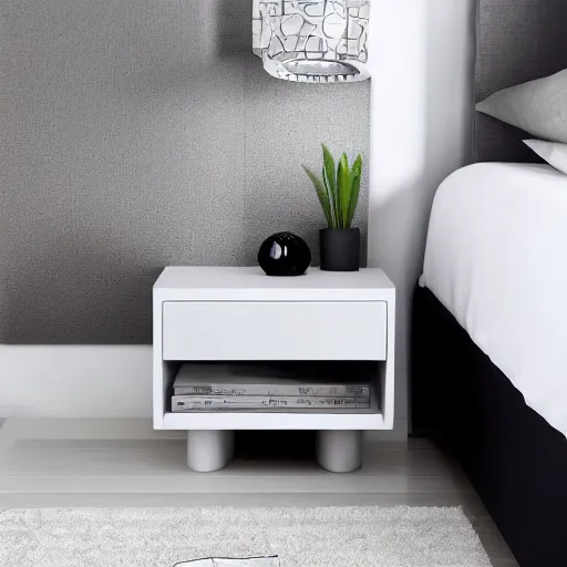 Prompt: white zen clean modern minimalist bedside table, softly lit, cool, clean, bright, spiritual vibes