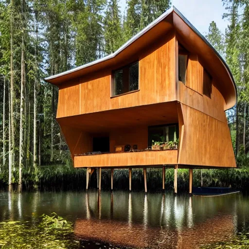 Image similar to a house made of a long hair. The house is made of 3 mammalian abdomens. The fur house sits in a lake on the edge of a forest. A family is living inside the fur house and it is furnished with contemporary furniture and art. ultra wide shot, Coronarender, 8k, photorealistic