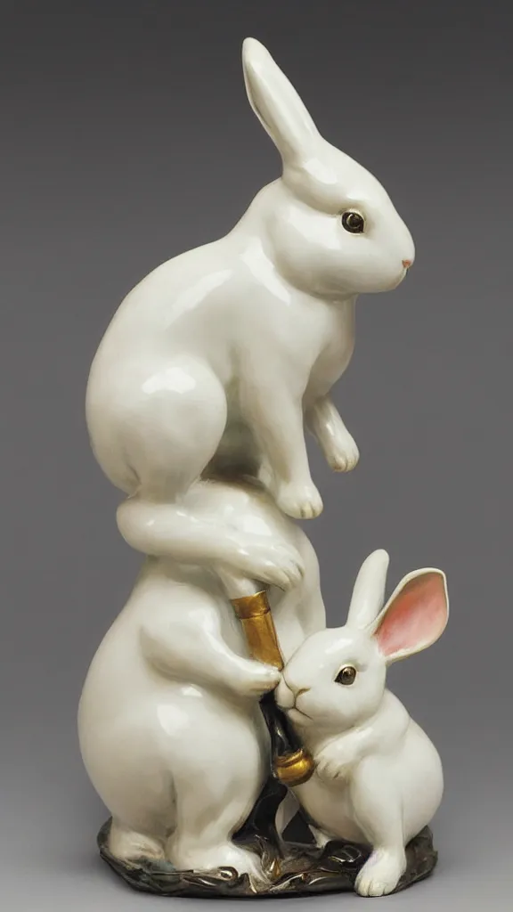 Image similar to a porcelain rabbit statue with a japanese kiseru pipe painted by john singer sargent