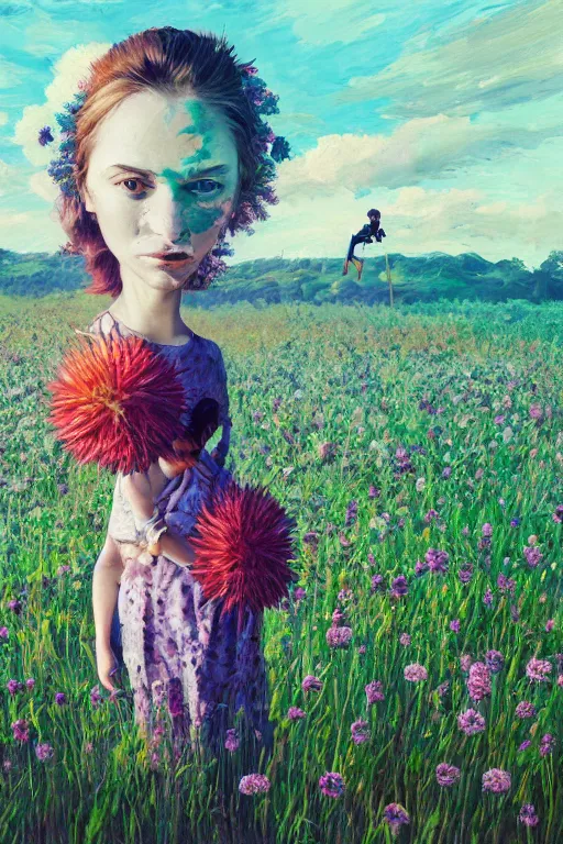 Prompt: portrait, large thistle flower under head, a girl in a suit in field of flowers, surreal photography, sunrise, blue sky, dramatic light, impressionist painting, digital painting, artstation, simon stalenhag
