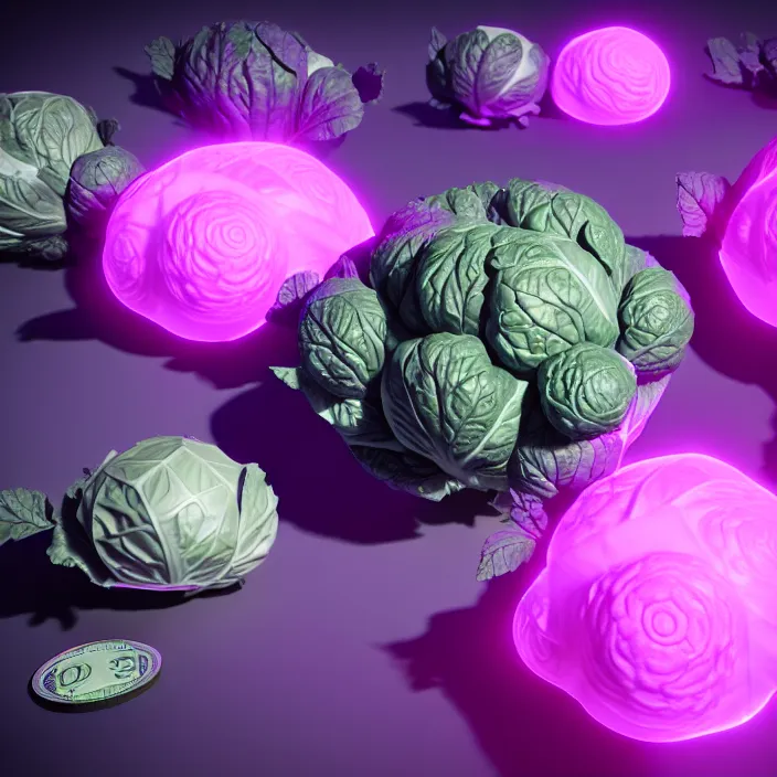 Image similar to high quality 3 d render very cute cabbages money dollar! party! highly detailed, unreal engine cinematic smooth, moody purple glow light, low angle, uhd 8 k, sharp focus