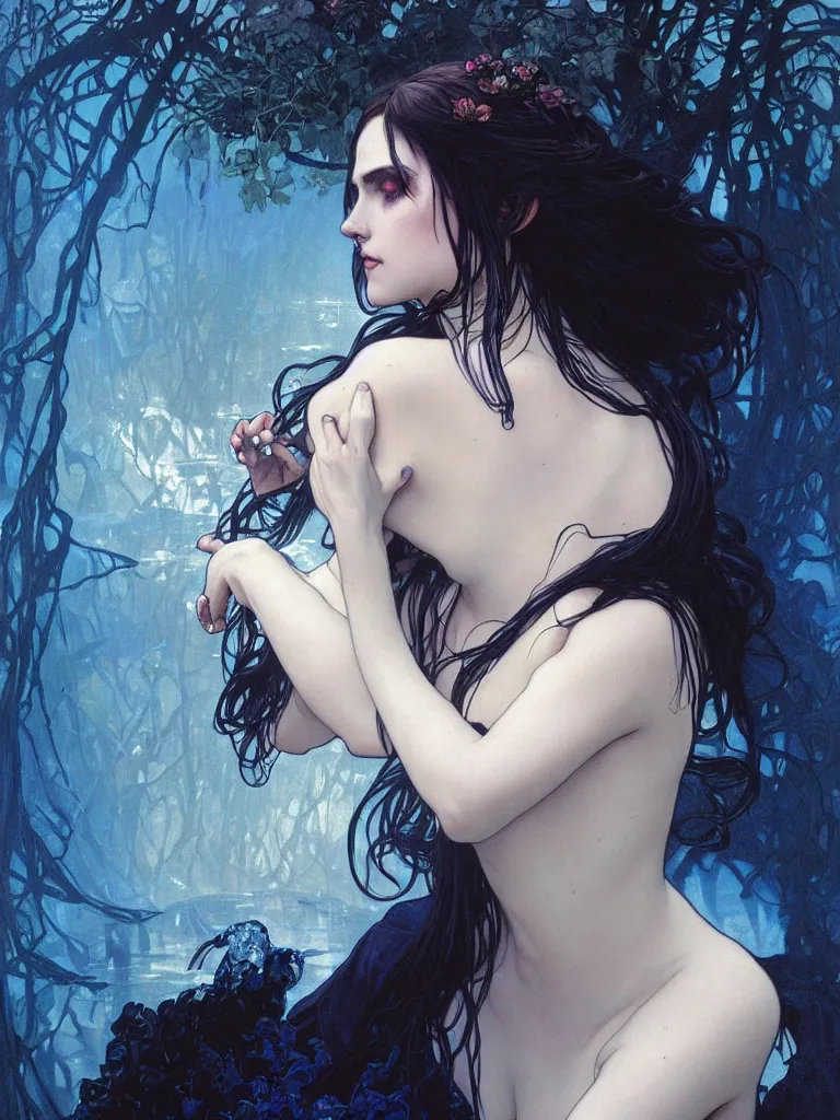 Image similar to detailed painting of sad bride in scary black standing in the river, gloomy, cobalt blue gemstones floating in the river, art by artgerm and greg rutkowski and alphonse mucha