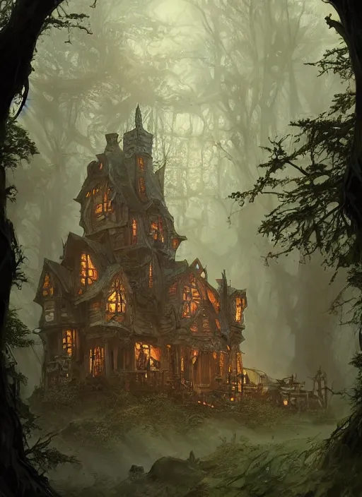 Image similar to haunted house in the middle of the woods, d & d, fantasy, intricate, elegant, highly detailed, digital painting, artstation, concept art, matte, sharp focus, illustration, hearthstone, art by artgerm, art by greg rutkowski, art by alphonse mucha