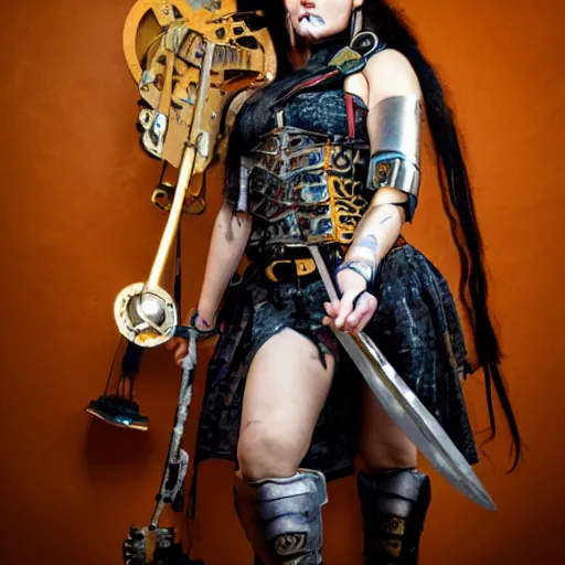 Prompt: photo of a female clockpunk warrior