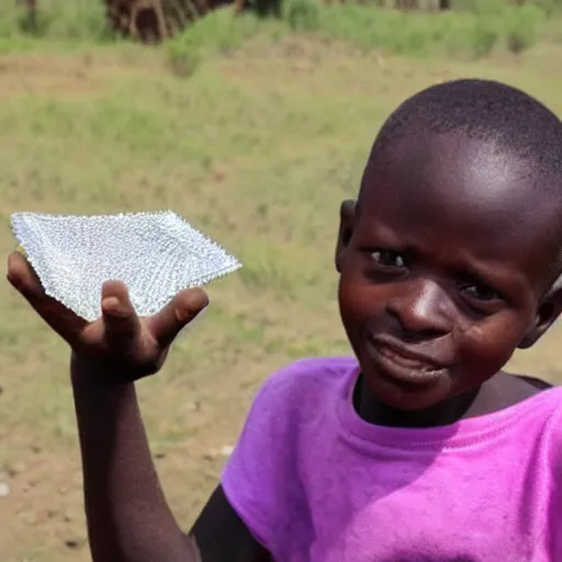 Image similar to poor kid in africa, finding a huge diamond and picking it up in his hand, looking impressed and amazed