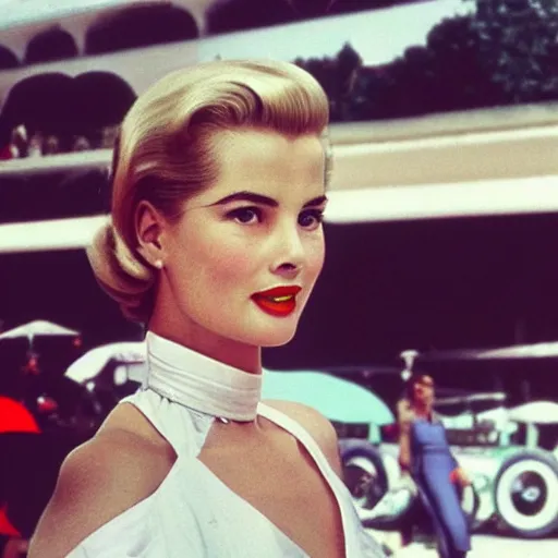 Image similar to selfie smartphone photo of a young Grace Kelly at the 2022 Monaco Gran Prix, F1 cars blurred in background, iphone photo, smartphone resolution, low resolution camera