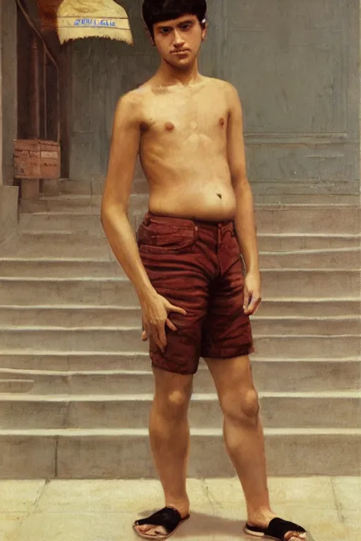 Image similar to Full-length portrait of a handsome!! young pregnant male on the streets of Saigon, wearing shorts and a sleeveless shirt, historically reliable photo chronicle, 1975, ultra detailed digital art, octane render, 4K, by John William Waterhouse and Edwin Longsden Long and Theodore Ralli and Nasreddine Dinet