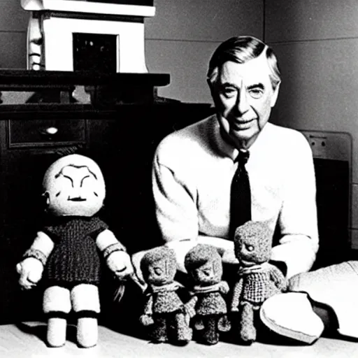 Image similar to Mr. Rogers surrounded by evil killer dolls