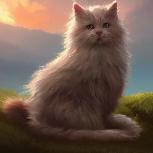 Image similar to epic portrait an lonely fluffy cat sitting alone on a mountain during sunset, back profile, digital painting, artstation, concept art, soft light, hdri, smooth, sharp focus, illustration, fantasy, intricate, elegant, highly detailed, D&D, matte painting, in the style of Greg Rutkowski and Alphonse Mucha and artemisia, 8k, highly detailed, jurgens, rutkowski, bouguereau, pastoral, rustic, georgic, detailed concept art, illustration, colorful pastel, painting, detail, ultra detailed, digital art, 4K,