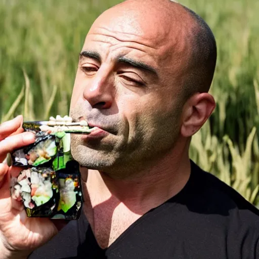 Prompt: joe rogan eating sushi on a sunny day in a field