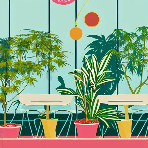 Image similar to taiwanese style cafe australian, decorated with cannabis pot plants 🪴 utopia frontage, pop art poster, beautiful colors pastel palette by will barnet