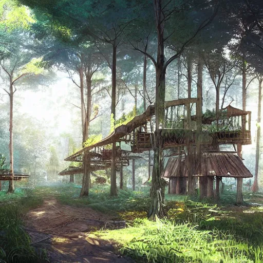 Prompt: concept art painting of treehouses made out of trees, walkways between trees, trees with doors and windows in a deep forest, realistic, detailed, cel shaded, in the style of makoto shinkai and greg rutkowski and james gurney