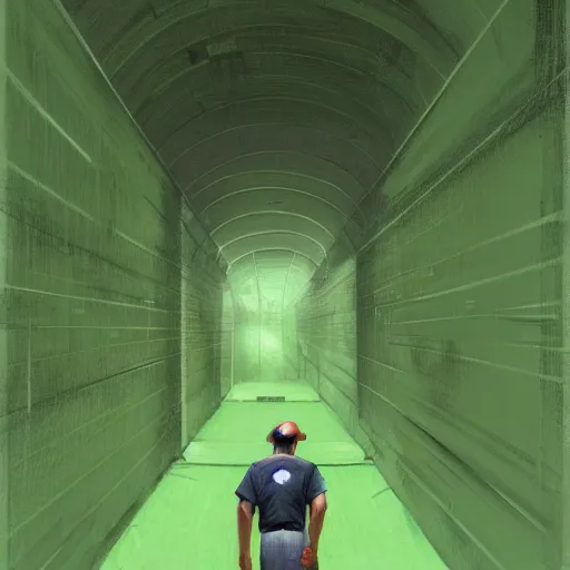 Image similar to A man in shorts and baseball cap walks down a very long, high walled tunnel, green floor, long shaddow, his back is turned, highly detailed, digital painting, artstation, concept art, smooth, sharp focus, illustration, art by greg rutkowski