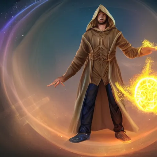 Image similar to a male wizard, glowing, frontal view, cool looking, high resolution