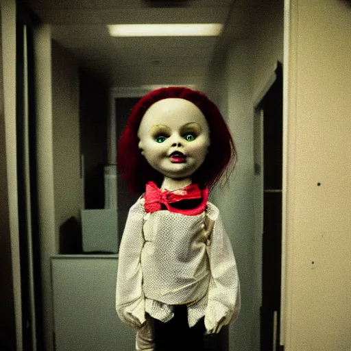 Image similar to fujifilm superia photo of a scary doll in empty office room, liminal, gloomy, grainy