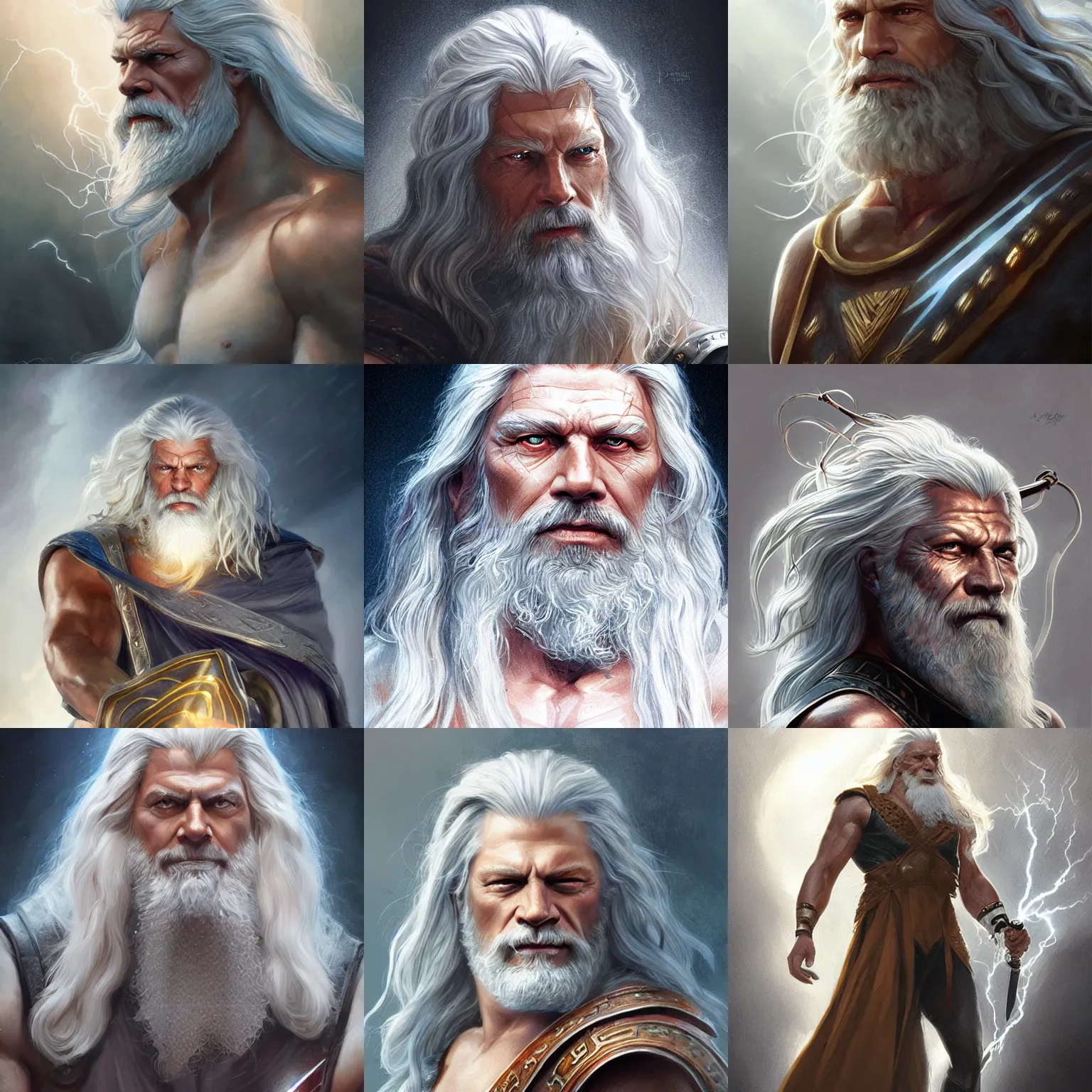 Image similar to zeus, god of thunder, stephen lang, long white hair, lightning, D&D, fantasy, highly detailed, digital painting, trending on artstation, concept art, sharp focus, illustration, art by artgerm and greg rutkowski and magali villeneuve