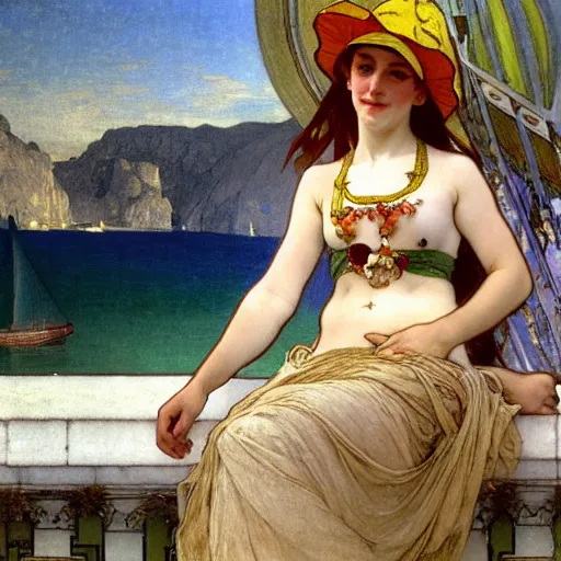 Image similar to A girl with jester hat and clothes on a greek archi circle on the front of a Balustrade with a beach and a sail boat on the background, major arcana cards, by alphonse mucha and arnold böcklin arnold böcklin arnold böcklin, paul delaroche, hyperrealistic 8k, very detailed