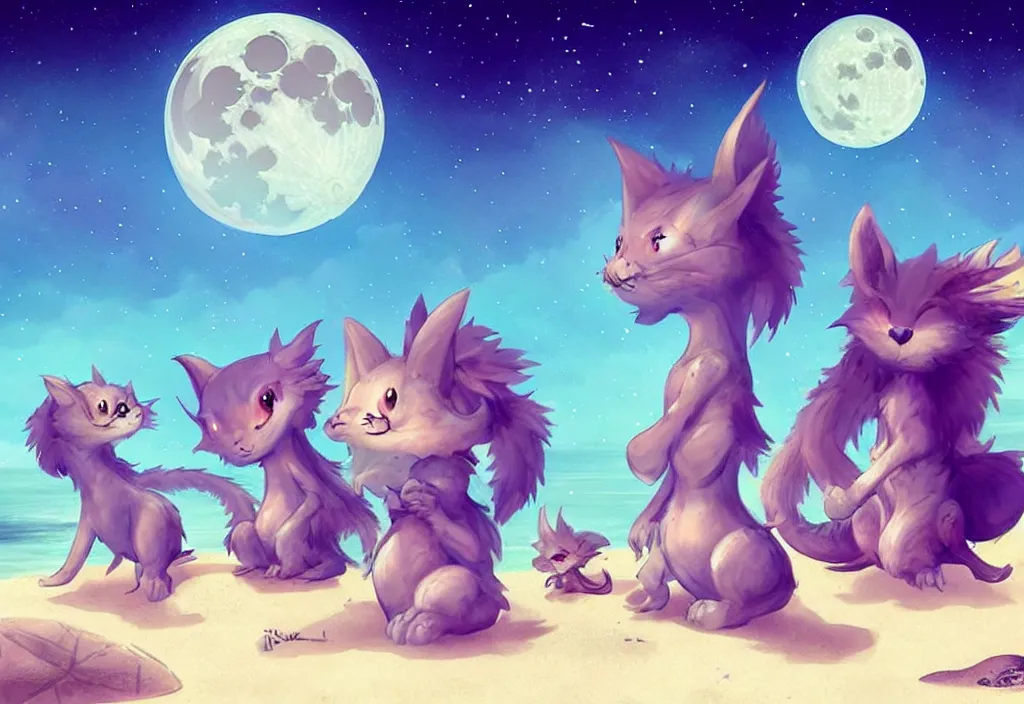 Image similar to cute fantasy critters at a beach looking at the moon, ultra realistic, concept art, highly detailed