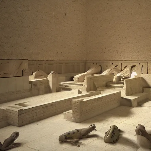 Prompt: hundreds of frogs inside an ancient Egyptian palace, cinematic lighting, dramatic angles, ultra detailed