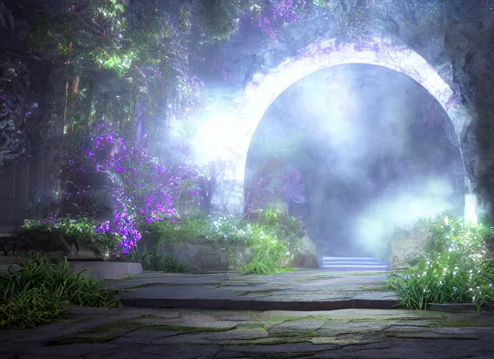 Image similar to oil painting of the entrance to ethereal realm, rendered in unreal engine, central composition