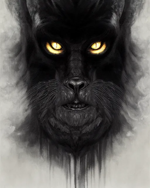 Image similar to a portrait of black furry shadow nightmare monster made of black smoke, surrounded by black, illustration, dramatic lighting, soft details, painting oil on canvas, art nouveau, octane render, HDR, 4k, 8k, HD, by Edmund Blair Leighton, Brom, Charlie Bowater, trending on artstation, Tom Bagshaw, faces by otto Schmidt