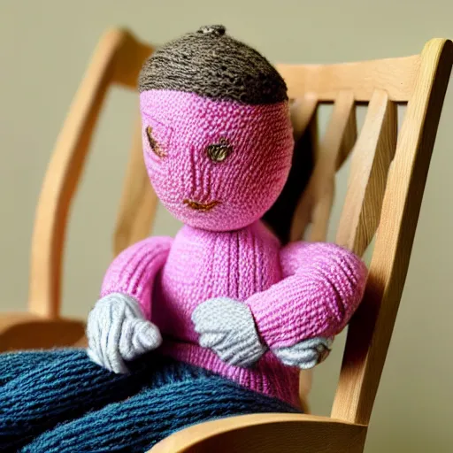 Prompt: Knitted yarn doll Ryan Gosling sits on a rocking chair, realism, proportions,