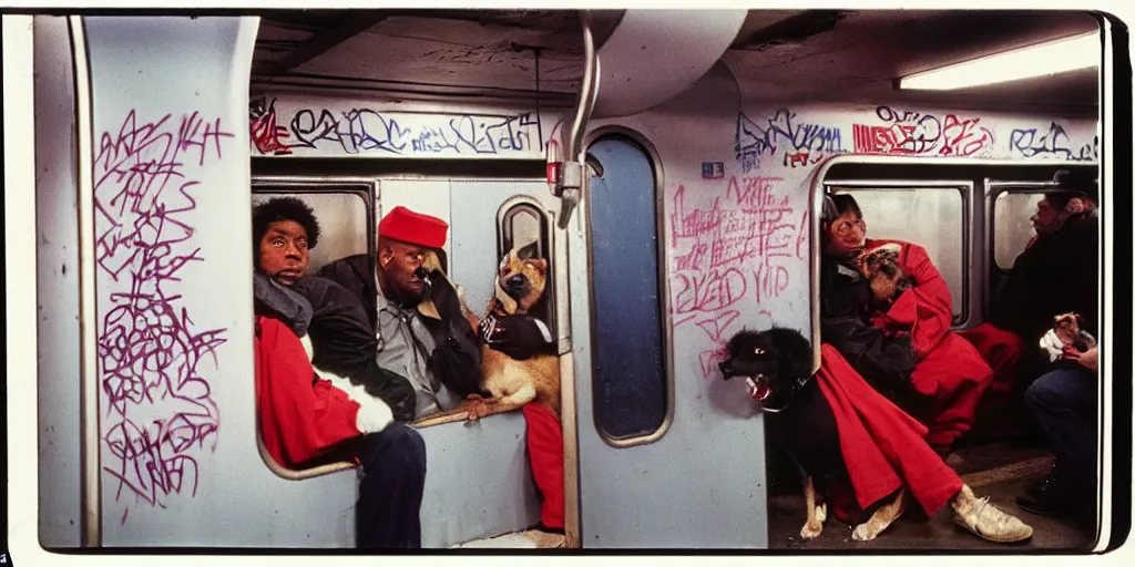 Image similar to new york subway cabin 1 9 8 0 s inside all in graffiti, policeman with the dog closeup, black guy in a red beret, coloured film photography, christopher morris photography, bruce davidson photography