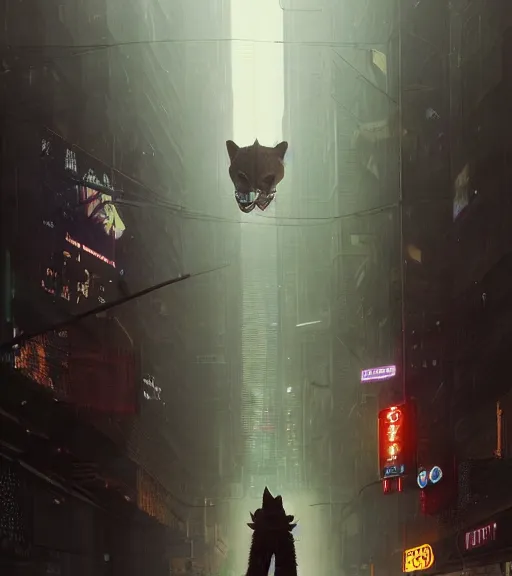 Prompt: new york city portrait of furry anthro anthropomorphic cougar mountain lion head animal person fursona wearing clothes strange cybernetic muzzle gloomy rainy screenshot from the video game cyberpunk 2077 digital art by Greg Rutkowski, Simon Stalenhag, christopher nolan trending on Artstation, CGSociety