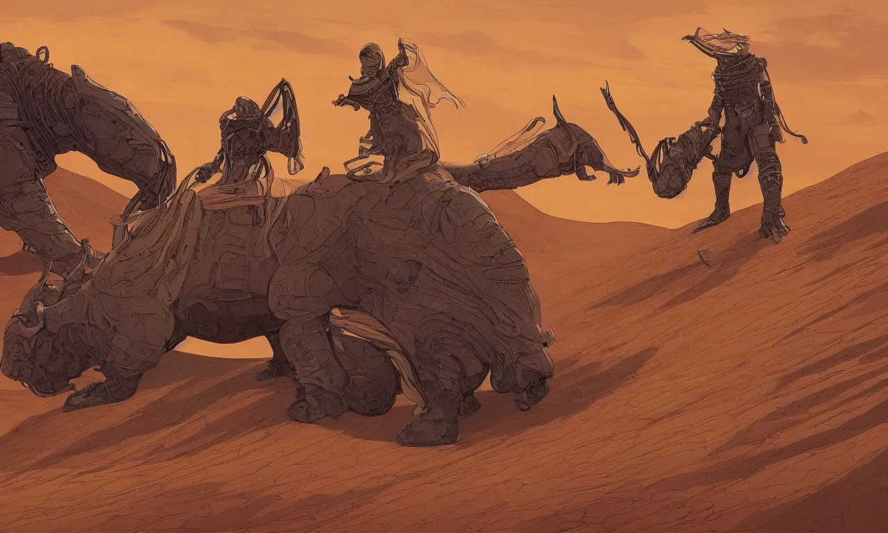 Image similar to detailed painting of dune movie, desert landscape, huge bull emerging from the sand, trending on artstation, by josan gonzalez, flat colors, defined lines