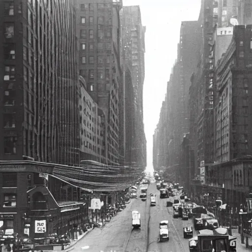 Prompt: photograph of a large flying saucer hovering over a new york city street in 1 9 3 2